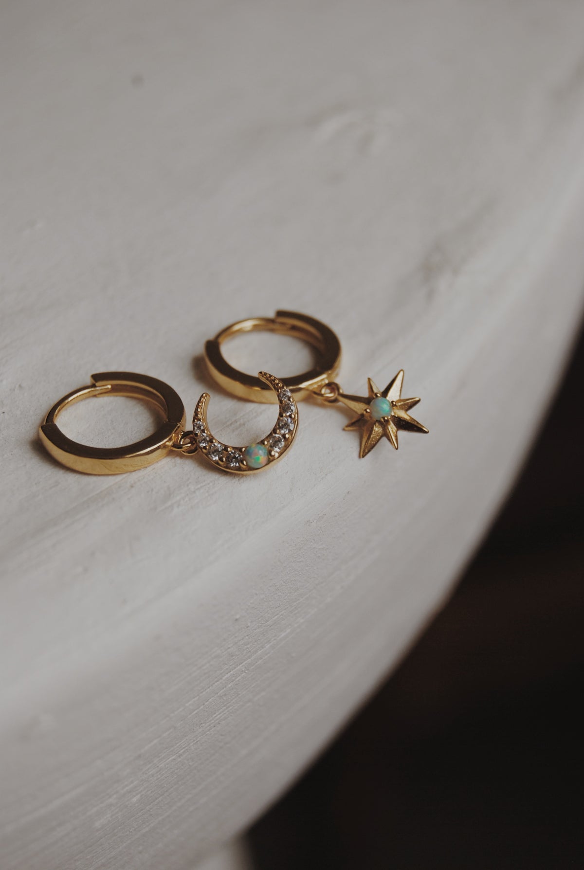 Star and Moon Opal Huggie Hoop Earrings