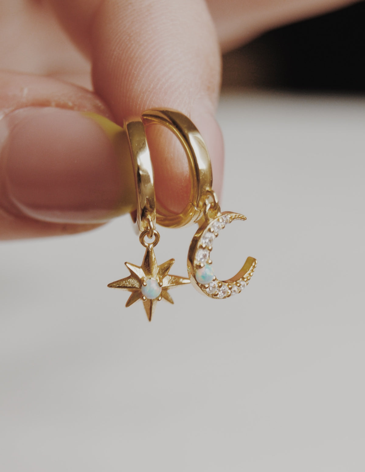 Star and Moon Opal Huggie Hoop Earrings