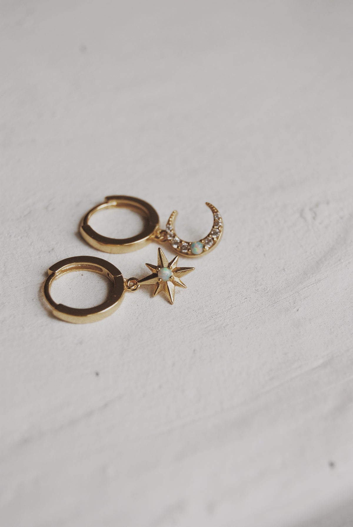 Star and Moon Opal Huggie Hoop Earrings