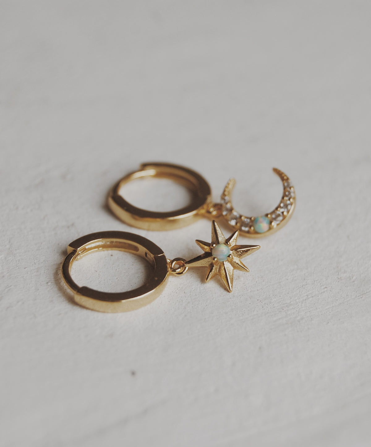 Star and Moon Opal Huggie Hoop Earrings