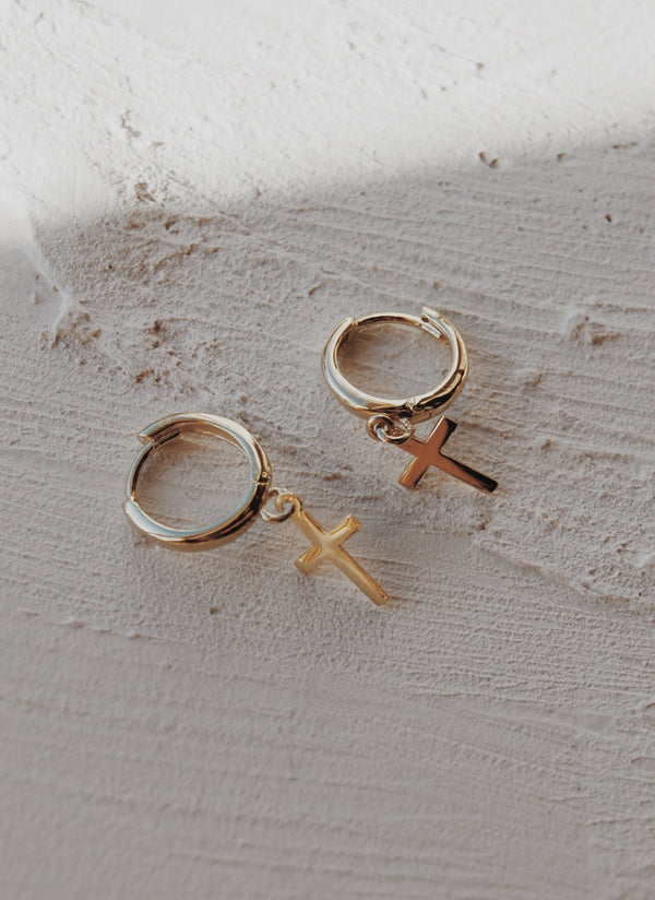 10k Eternity Cross Huggie Hoop Earrings